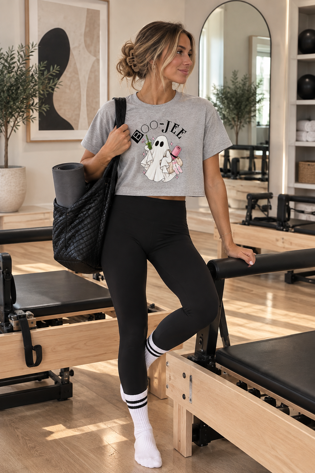 Pilates Boo-Jee Ghost Cropped Tee — Women's Halloween Pilates Graphic Shirt