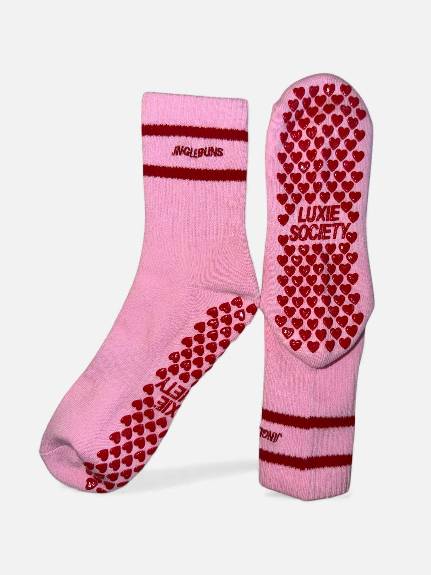 💕 JINGLE BUNS – Pink Holiday Grip Crew Socks